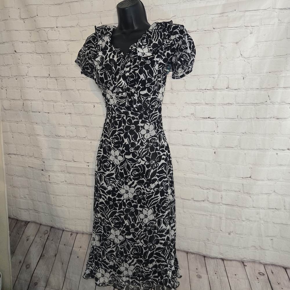 MSK Y2k Black Floral Midi Dress Ruffled V Neck Fairy Sheer Unlined Sz 14